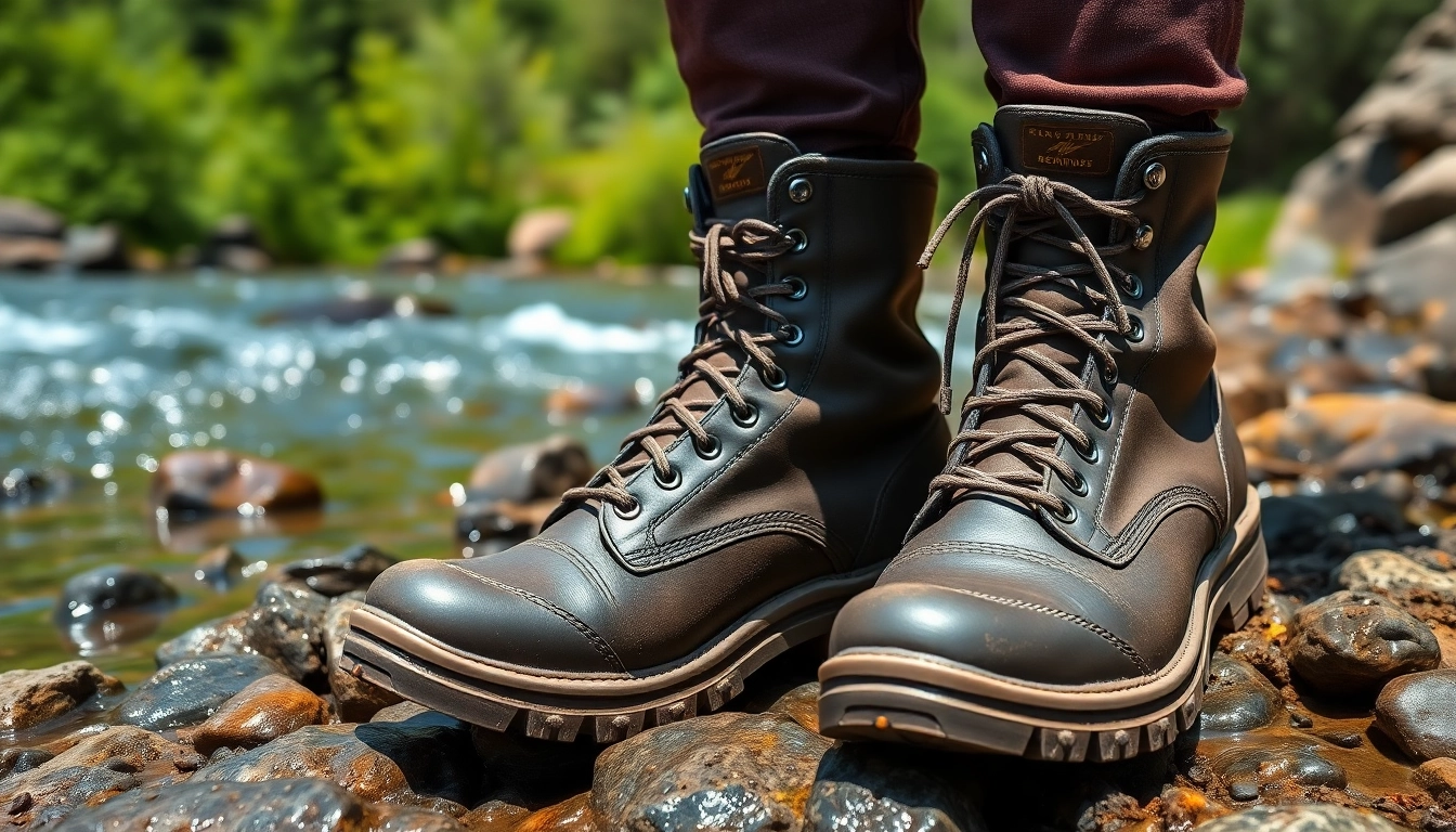 Rugged fly fishing boots showcasing durable materials and traction on a riverbank.