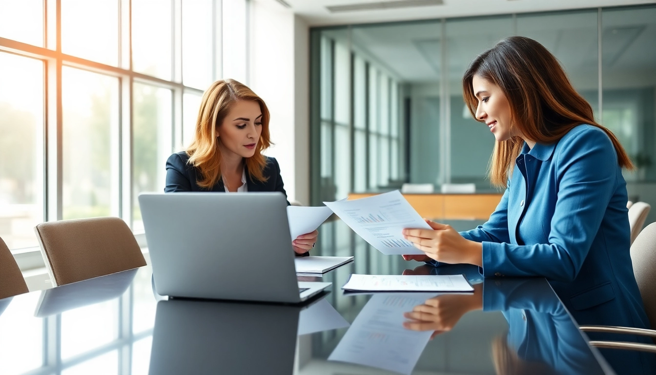 Consultants engaged in discussions about contracts and grants at a modern office setting.