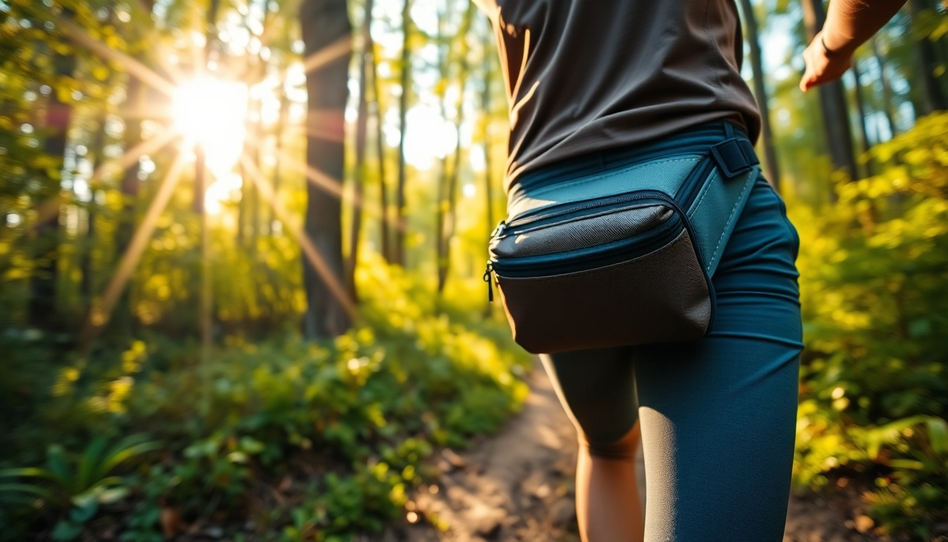 Active individual using a waist pack while hiking through a sunlit forest trail.