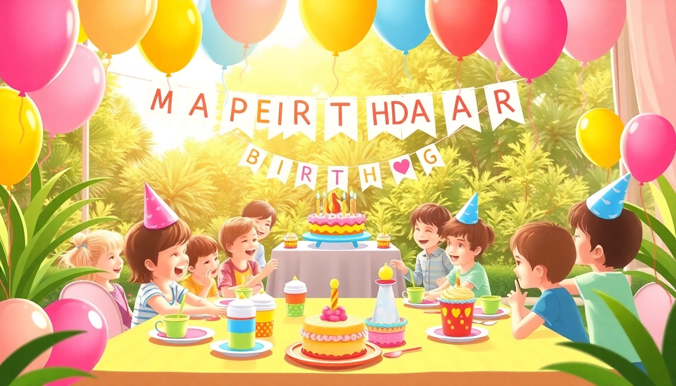 Colorful customizable birthday party with vibrant decorations and joyful guests enjoying the celebration.