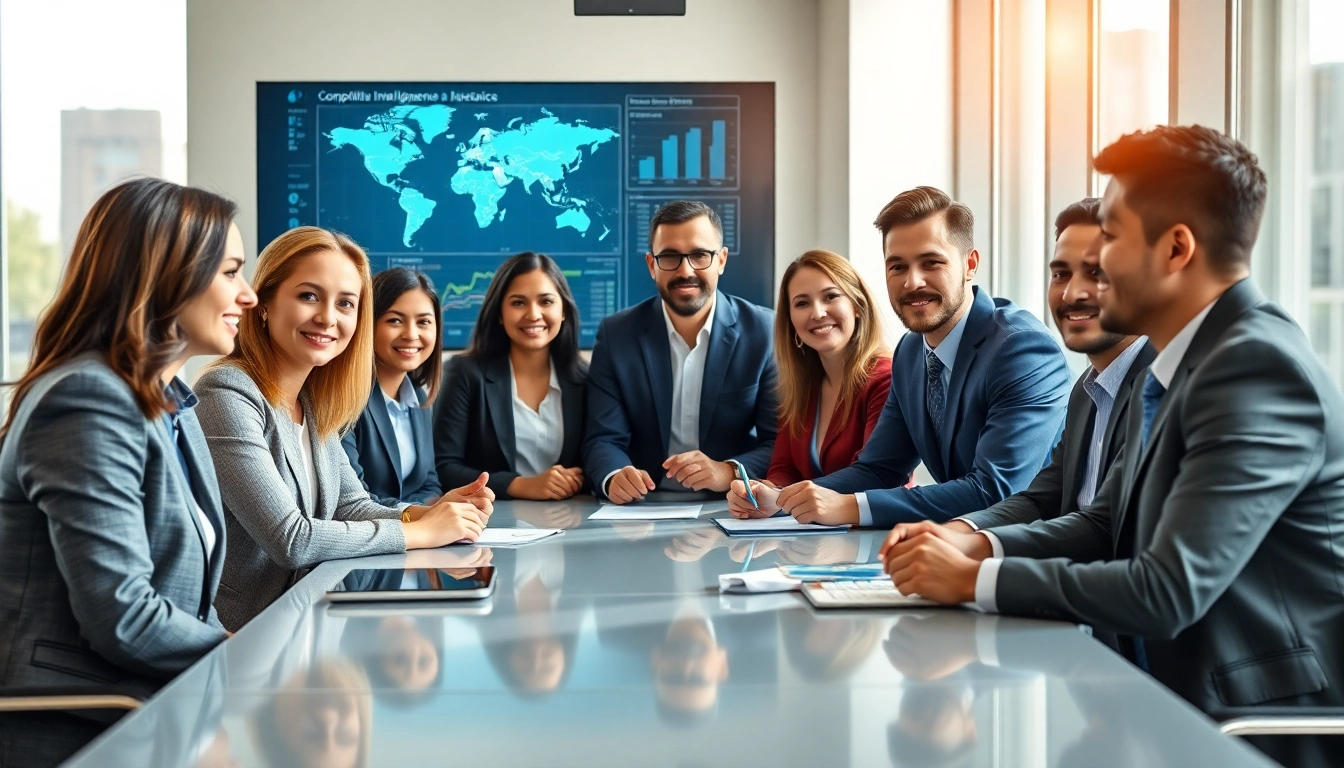 Visualize b2b competitive intelligence strategies with professionals analyzing data in a modern office.
