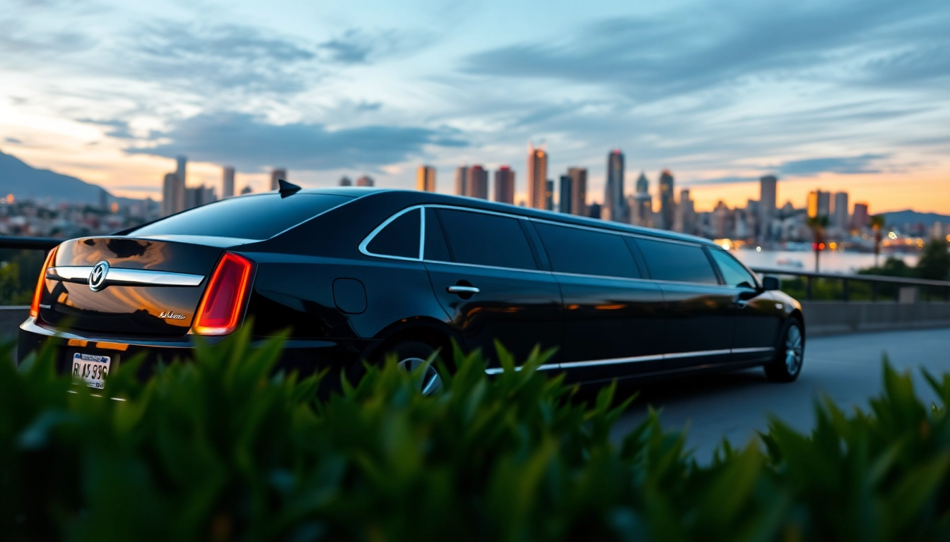 Experience luxury with vancouver to seattle limo service in a sleek black limousine against a vibrant city skyline.