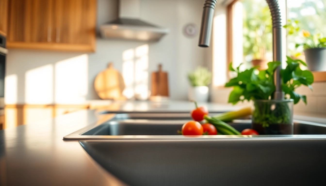 Stainless steel kitchen sink near me showcased with fresh vegetables in a modern kitchen.