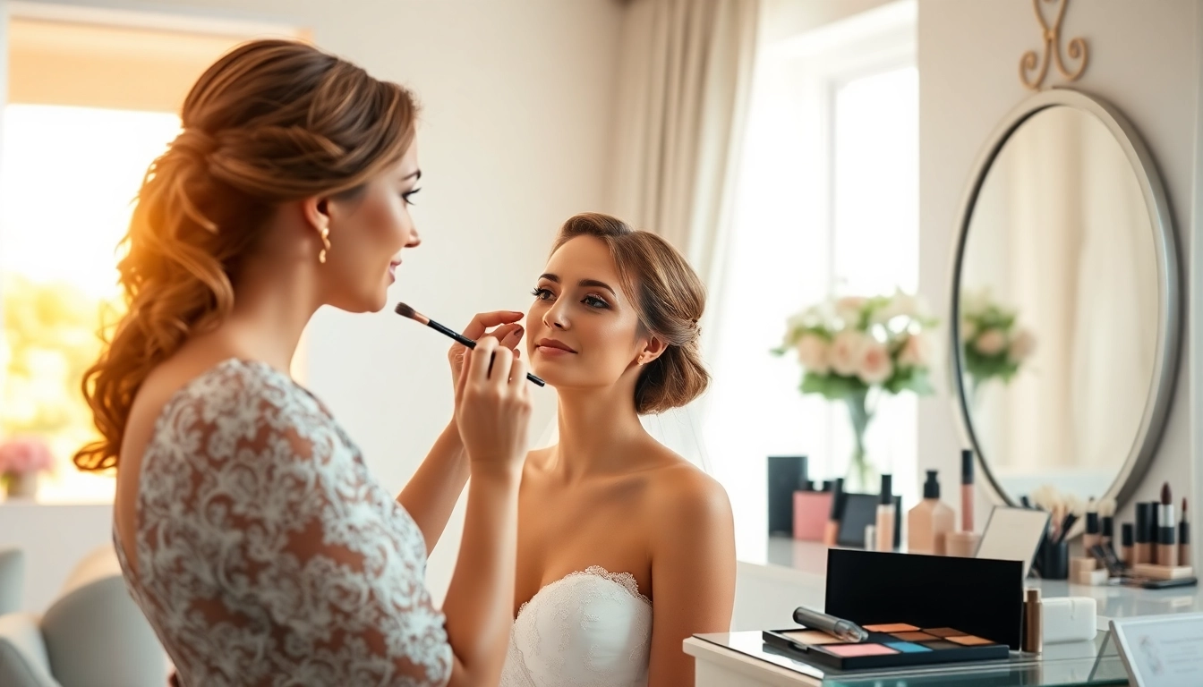 New Jersey makeup artist enhancing a bride's beauty in a bright setting.
