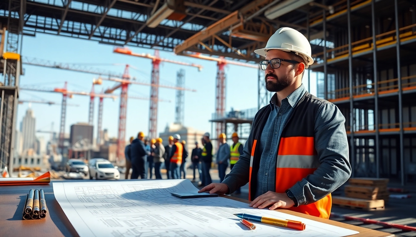New York City General Contractor managing a dynamic construction project with architectural plans.
