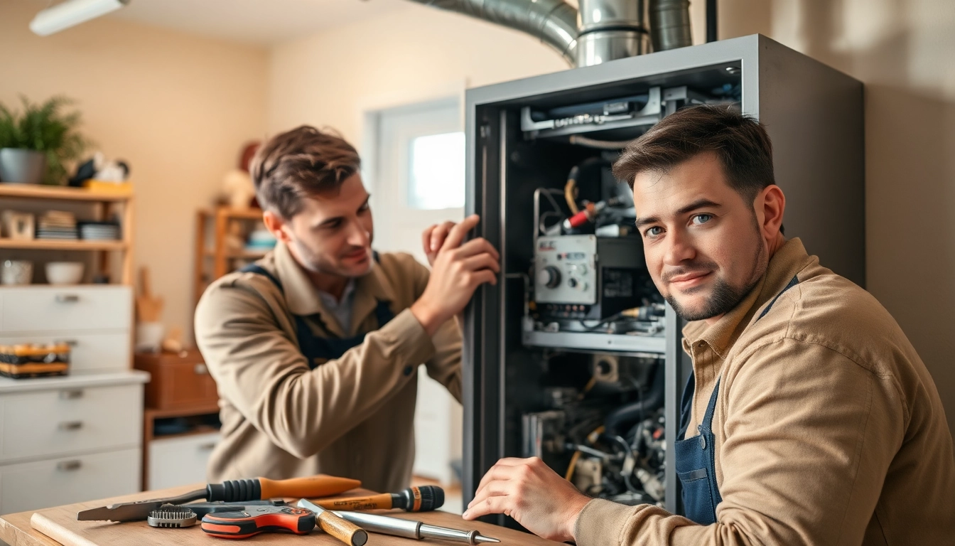 Technician conducting furnace maintenance services with precision in a home setting.