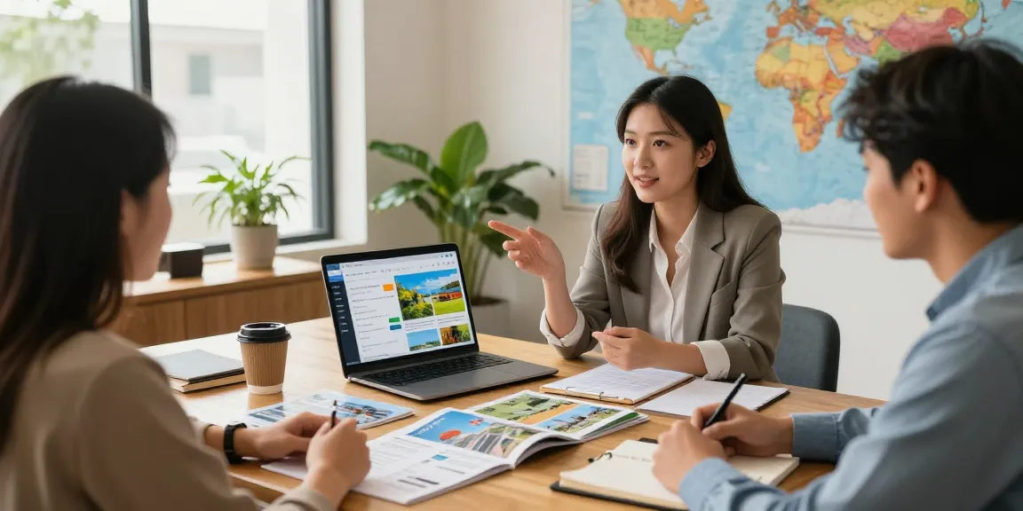 Client consultation with travel agent software, showcasing dynamic trip planning and personalized service in a modern agency