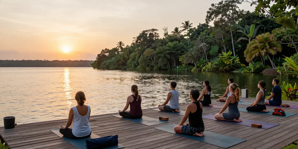 A yoga retreat south coast sri lanka session at sunset on Koggala Lake with participants practicing Synergy Vinyasa yoga amidst lush surroundings.