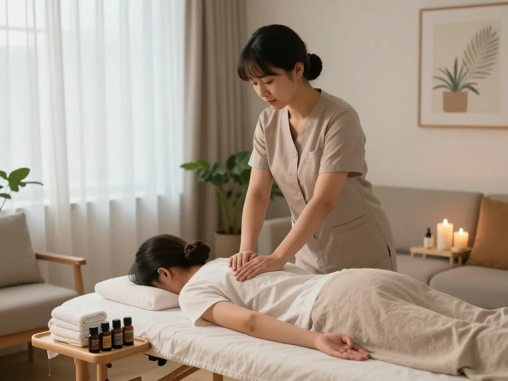 부천 출장마사지 in a serene home wellness setting, featuring a massage therapist providing relaxation care.