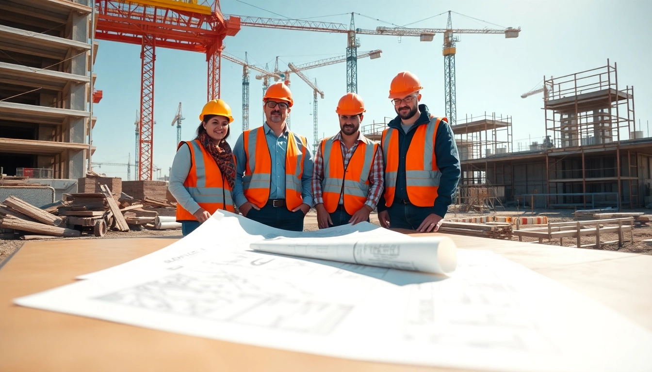 Construction career collaboration with workers analyzing blueprints on site.