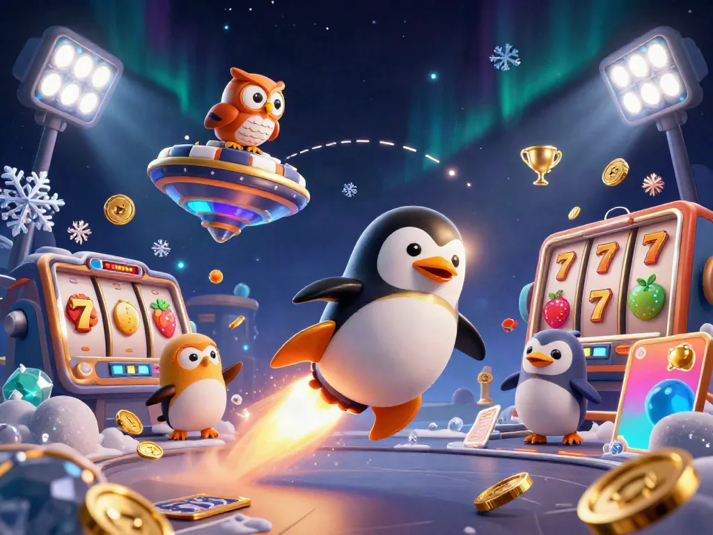 Slot online terbaik dengan penguin emas dan chip poker dalam ilustrasi 3D yang menarik