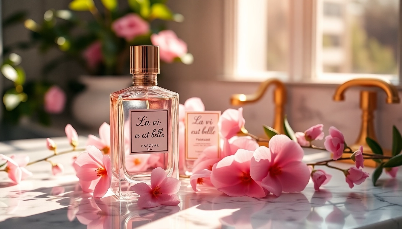 Showcase La vi est belle perfume elegantly positioned with flowers, emphasizing sophistication.