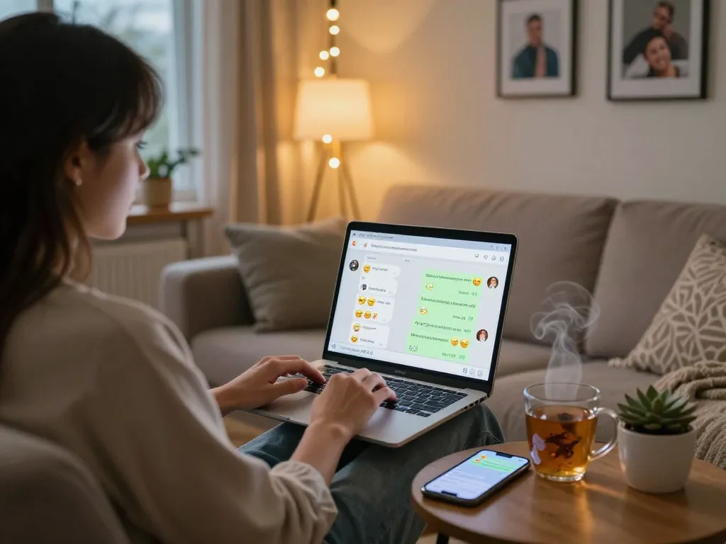 Engaging in a sex chat AI conversation in a cozy living room with playful digital interactions.