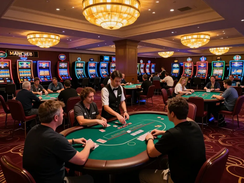 Players enjoy strategic poker gameplay at MANCLUB casino, showcasing the vibrant atmosphere of excitement.