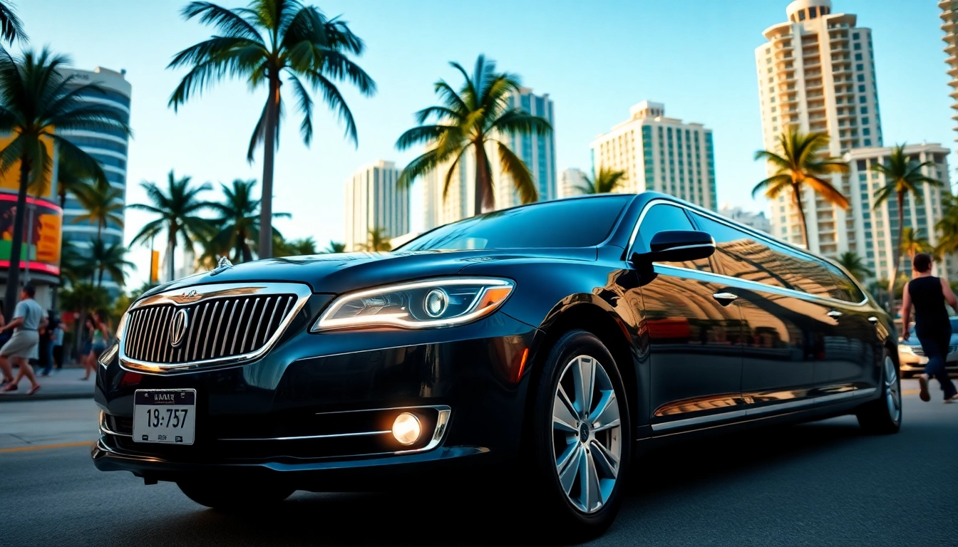 Luxurious limo service Miami Florida parked in a lively urban scene, showcasing elegance and style.