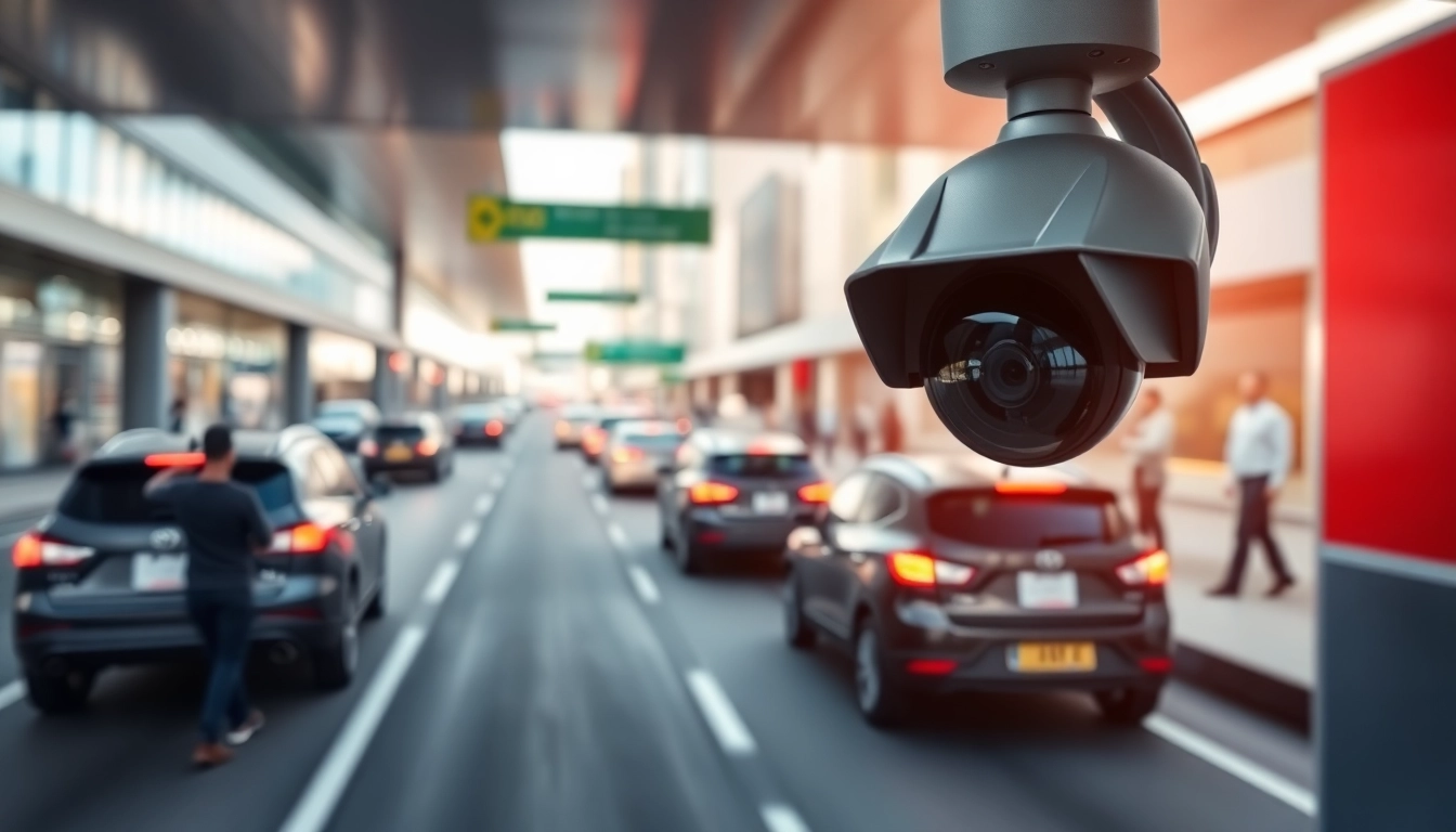 Automatic license plate recognition camera capturing a vehicle in a busy urban area.