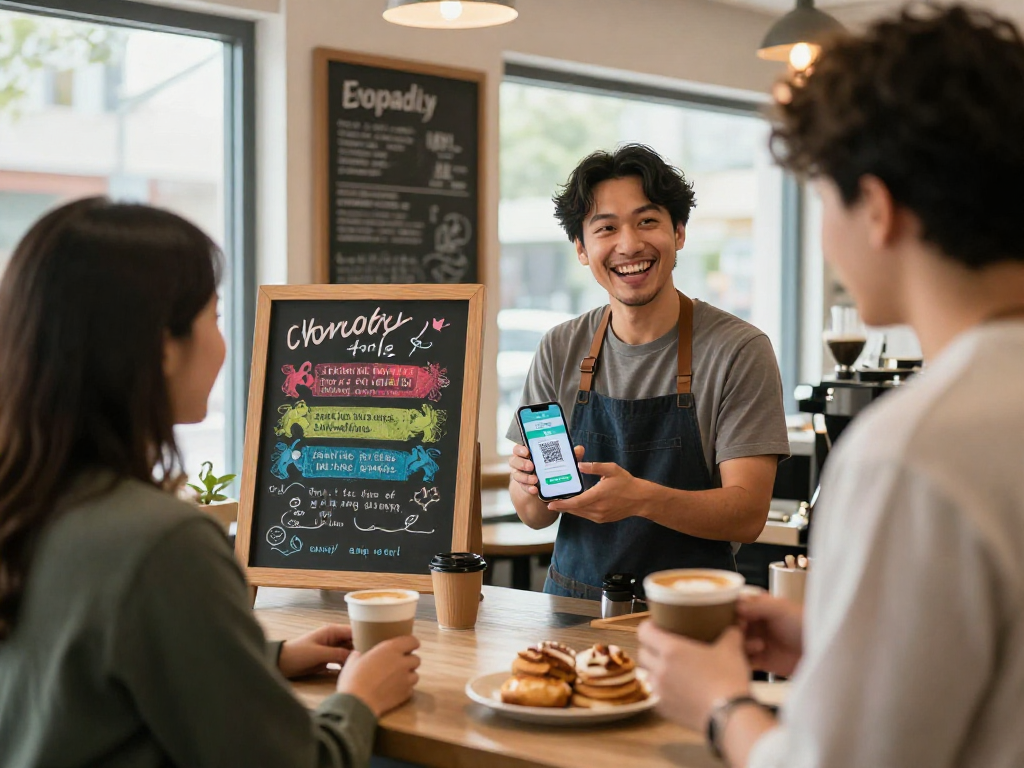 Loyalty application being used in a small coffee shop, highlighting customer engagement and rewards.