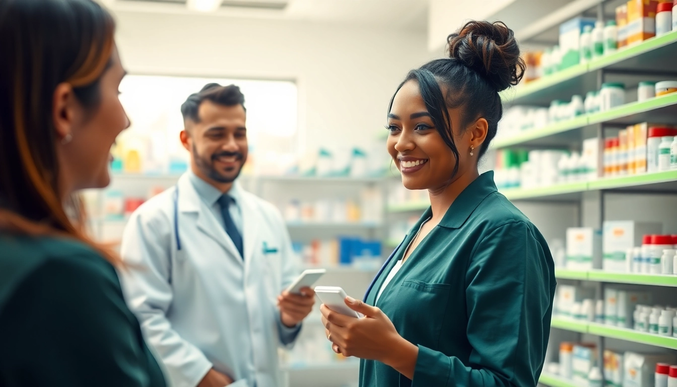 Engaging interaction at an online pharmacy with a pharmacist assisting a customer.