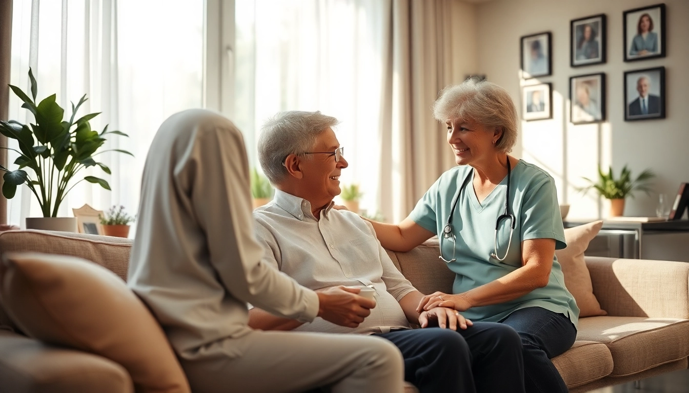 Providing at home health care, a caregiver engages warmly with an elderly client in a sunny living room.
