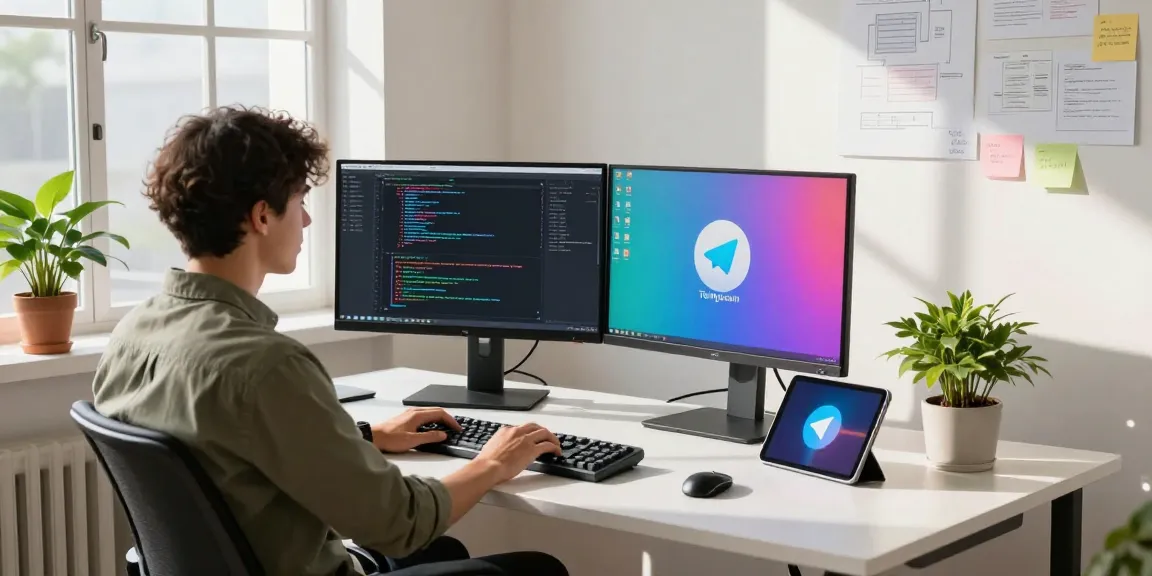 Developer using 纸飞机中文版 on dual monitors in a bright tech workspace.