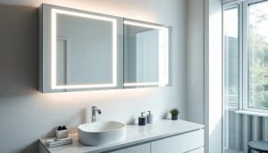 Präsentation von spiegelschrank mit led Beleuchtung im modernen Badezimmerdesign.