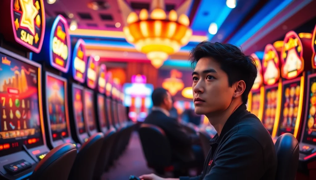 Menggambarkan pengalaman bos88 dengan seorang gamer berfokus dalam permainan mesin slot yang penuh cahaya.