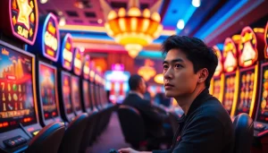 Menggambarkan pengalaman bos88 dengan seorang gamer berfokus dalam permainan mesin slot yang penuh cahaya.