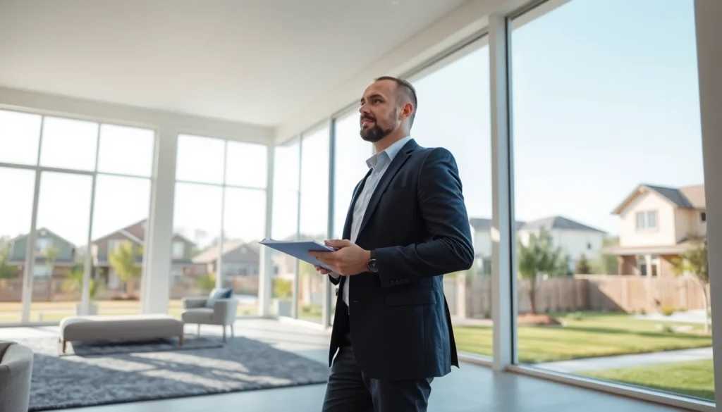 Real Estate agent showcasing a modern home in a vibrant neighborhood with natural lighting.