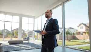 Real Estate agent showcasing a modern home in a vibrant neighborhood with natural lighting.