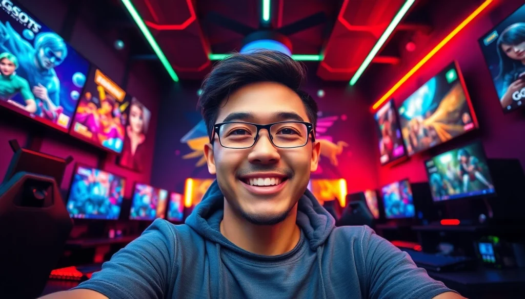 Gamer enjoying daftar ggsoft game dengan suasana gaming yang berwarna-warni.