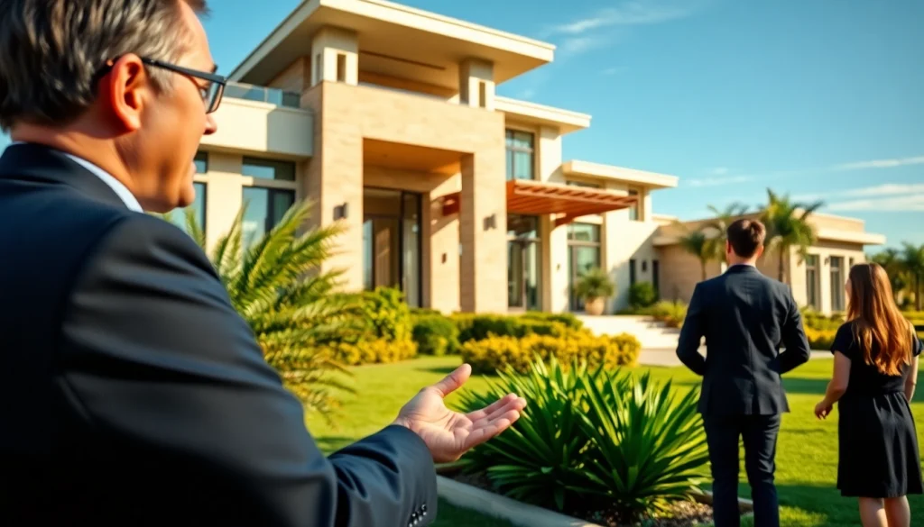Real Estate agent presenting a luxurious property to prospective buyers in a sunny setting.