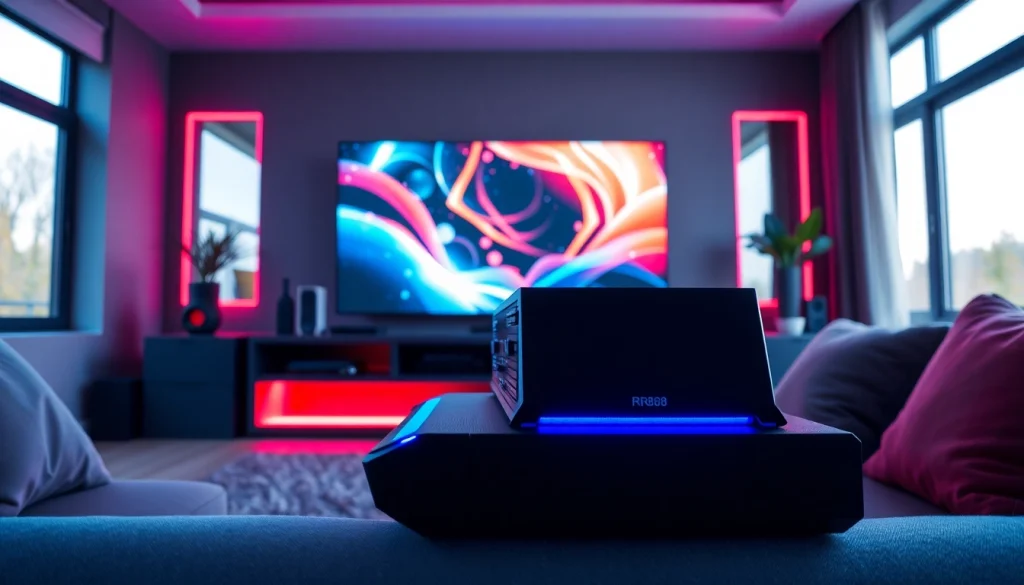 RR88 gaming console displayed in a vibrant living room setting.