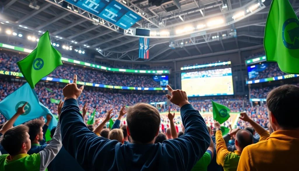 스포츠중계를 즐기는 팬들이 가득 찬 경기장에서 열광하는 모습