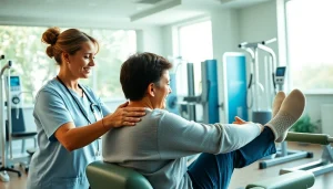 Health in Motion Rehabilitation therapist supports a patient during an exercise session, highlighting professional care.