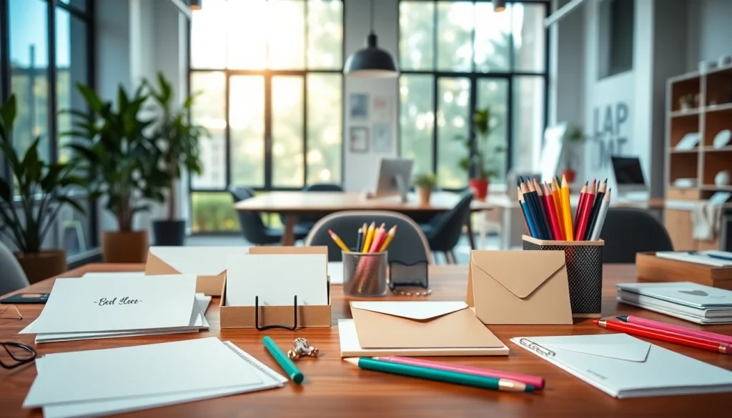 Engaging workspace of a stationery company featuring elegant designs and creative organization.