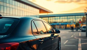 Taxi Nottingham to Birmingham Airport with a sleek black vehicle against Birmingham Airport backdrop.