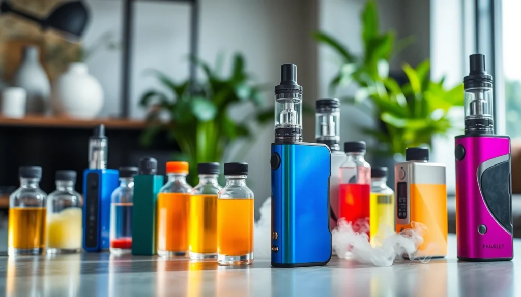 Vapes in stylized arrangement showcasing colorful e-liquids in a modern setting.