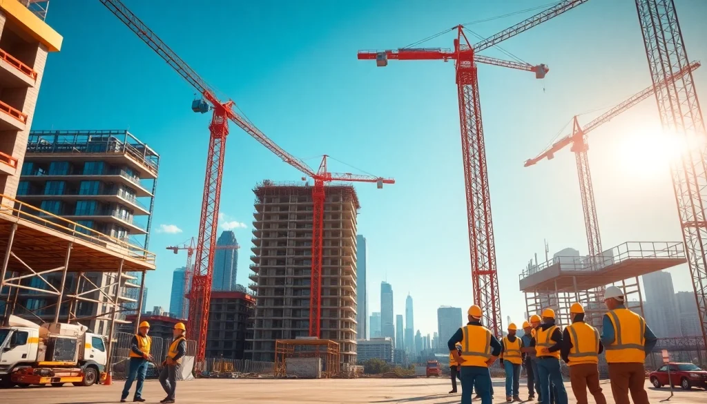 Spotlight on building companies near me collaborating at a bustling construction site.