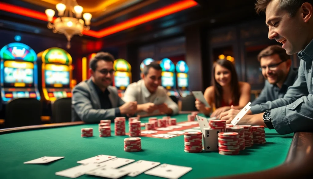 Nikmati pengalaman Domino88 poker game di meja dengan pemain fokus dan suasana kasino yang menegangkan.