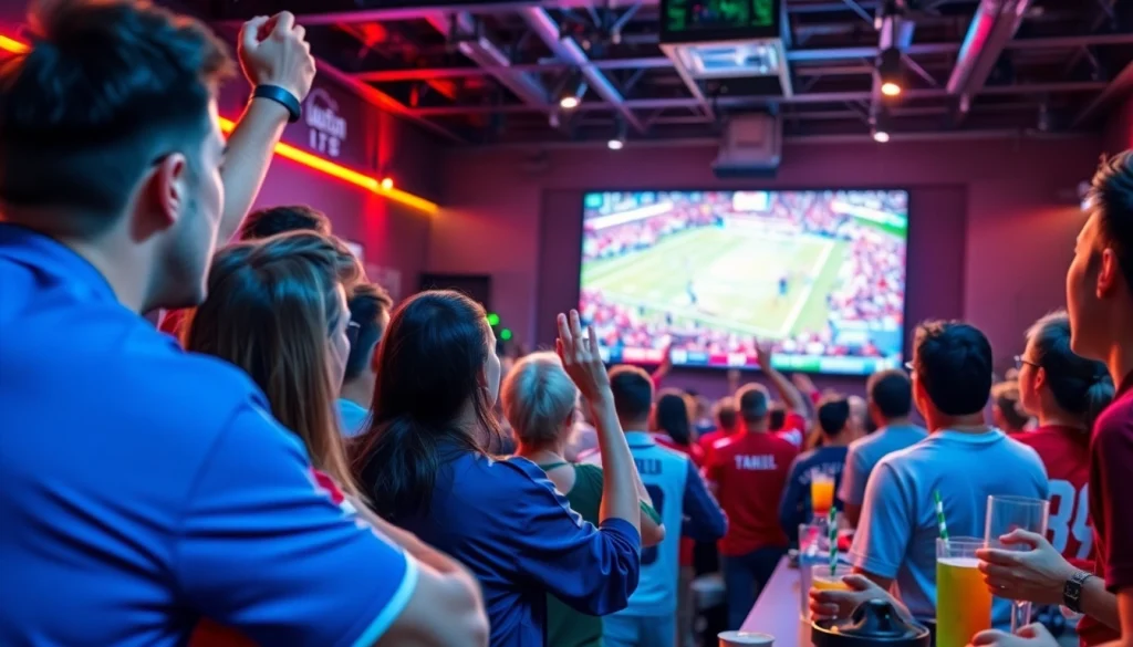 스포츠중계를 즐기는 다양한 팬들이 흥미진진한 경기 장면을 응원하고 있습니다.