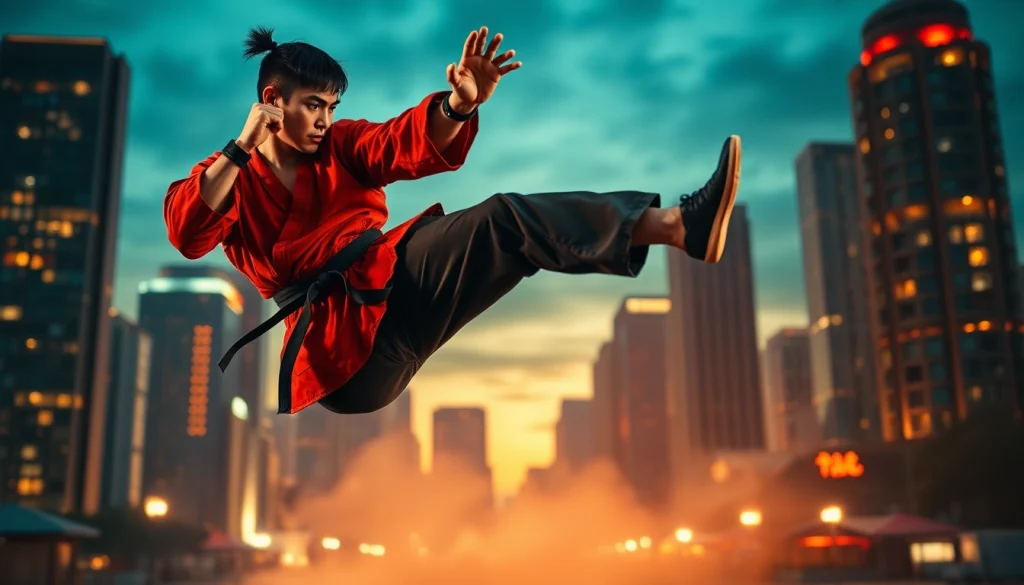 Engaging Martial Arts Thriller scene with a fighter executing a dramatic kick amidst an urban backdrop.