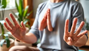 Practitioner showing yoga mudras to enhance energy flow and mindfulness.