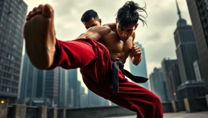 Engaging martial arts thriller action scene featuring a skilled fighter in motion.