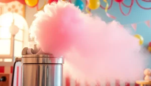 Geniet van heerlijke wafel katoen die vers wordt gemaakt in een kleurrijke ambiance met een grote suikerspin machine.