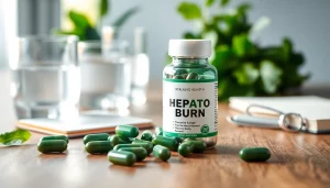 Review of Hepato Burn supplement showcasing capsules and health atmosphere with vibrant elements.