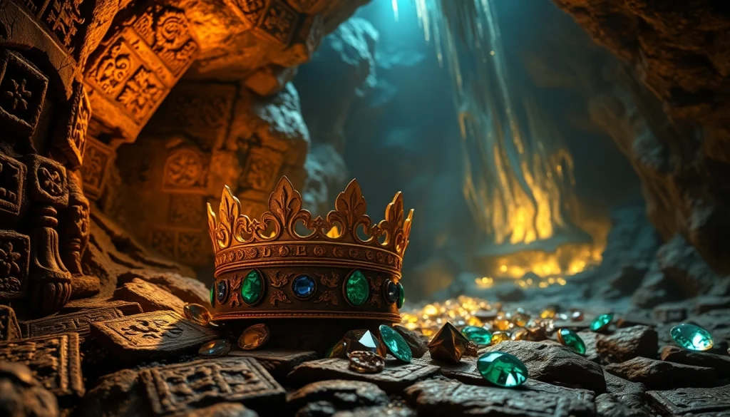 Unearth the legend of King Solomon's Mine with a stunning golden crown amid dazzling jewels.