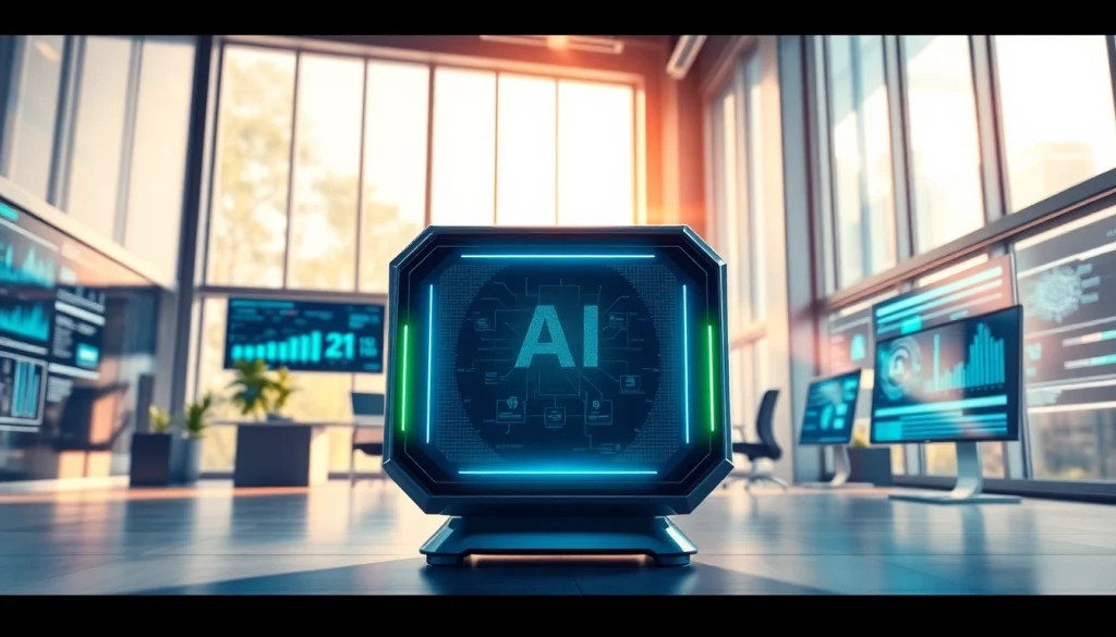 Showcasing innovative Technology with a futuristic device in a modern office setting.