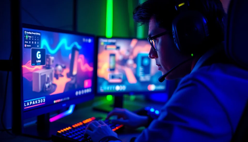 Menggambarkan pemain yang fokus memainkan lapak303 game di komputernya dengan lampu RGB.