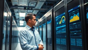 Enhance server management efficiency with a technician overseeing high-performance servers in a modern data center.