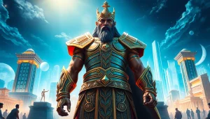 Illustration representing Gilgamesh amid a futuristic city, symbolizing the quest found at www.trilgameshproject.com.